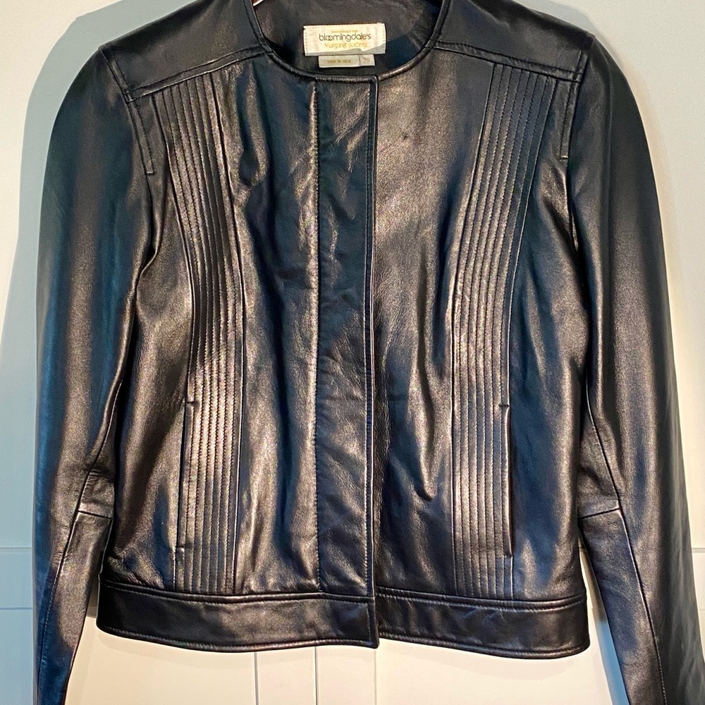 Bloomingdale's Black Leather Jacket with Pintuck Pleats
